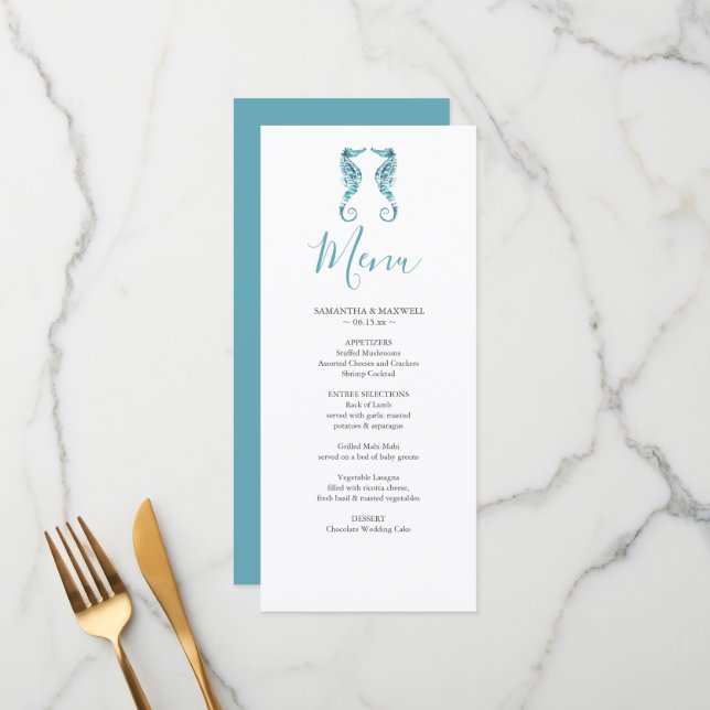 Carte Menu Mariage Plage customisée (Devant/Arrière en situation)
