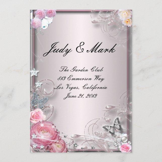 Carte Menu Mariage Rose Floral Et Papillon (Devant)