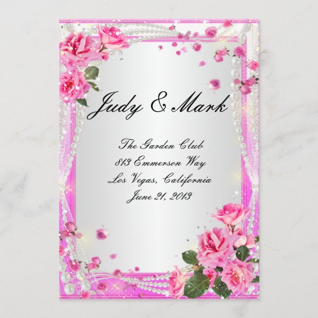 Carte Menu Mariage Roses Et Perles Roses Roses Ros (Devant)