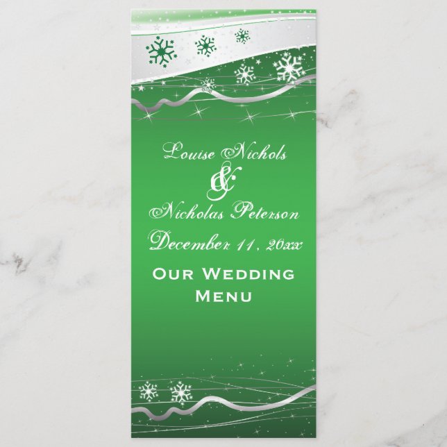 Carte menu mariage vert, gris argenté (Devant)