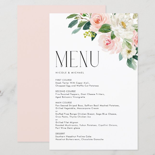 Carte menu Mariage Watercolor Jolie Garden Flowers (Devant / Derrière)