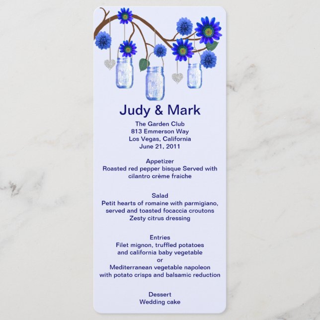 Carte Menu Mason Jars Fleurs Bleues (Devant)