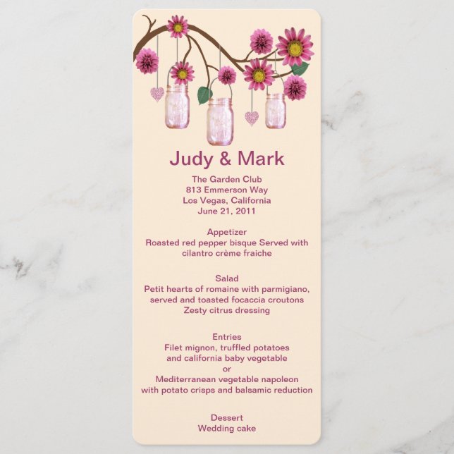 Carte Menu Mason Jars Fleurs Roses (Devant)