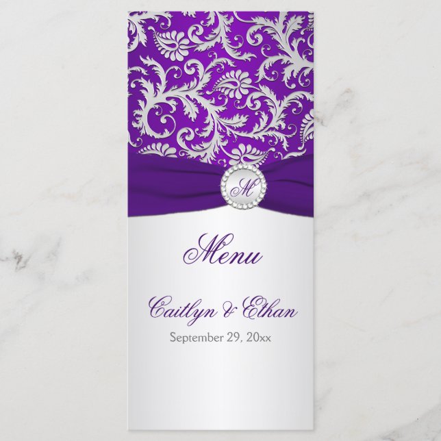 Carte menu Monogram Purple and Silver Damask (Devant)