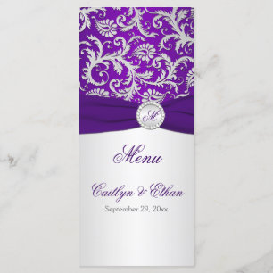 Carte menu Monogram Purple and Silver Damask