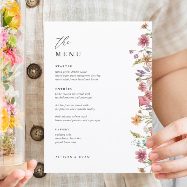 Carte menu plat 5 x 7" Floral Mariage Table Menu (Créateur téléchargé)