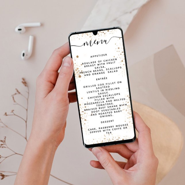 Carte menu programme parties scintillant or blanc  (Créateur téléchargé)