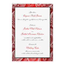 Carte Menu Red Shimmer Satin White Lace Paisley