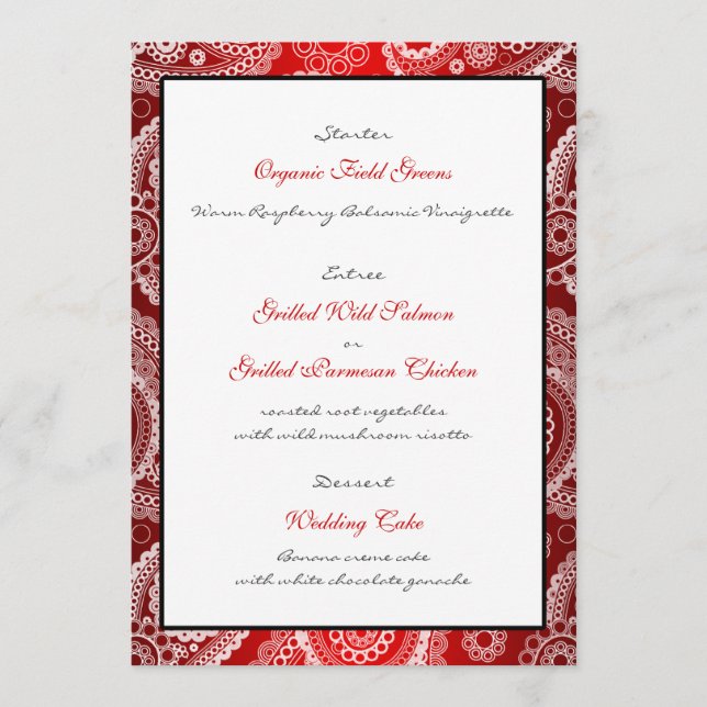 Carte Menu Red Shimmer Satin White Lace Paisley (Devant)