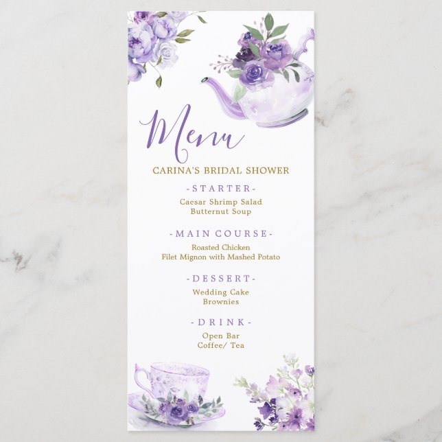 Carte menu thé à Fête des mariées florale violet (Devant)
