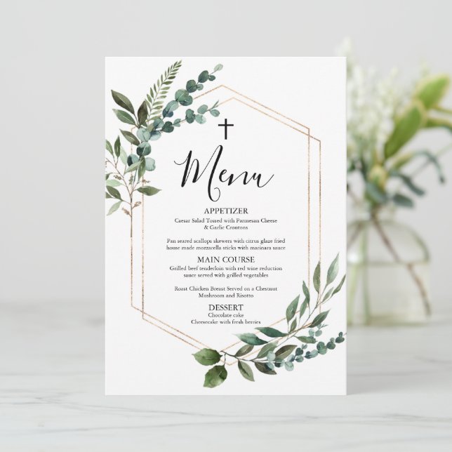 Carte menu Watercolor Greenery Gold Cross Baptism (Debout devant)