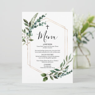Carte menu Watercolor Greenery Gold Cross Baptism