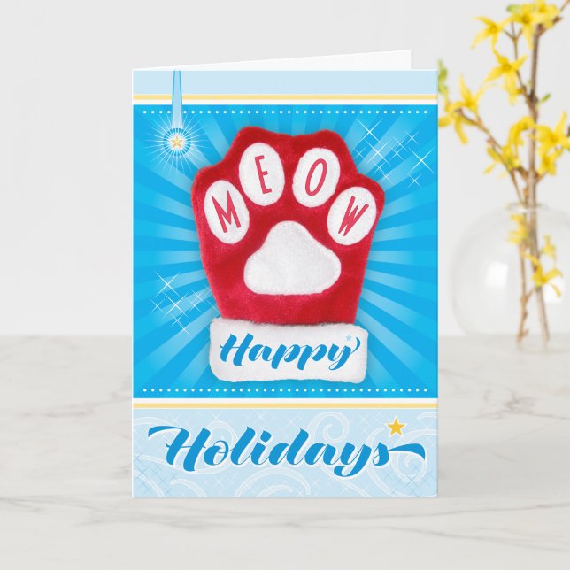 Carte MEOW Red Paw Chat Noël Mitten Joyeuses Fêtes (Fleur jaune)