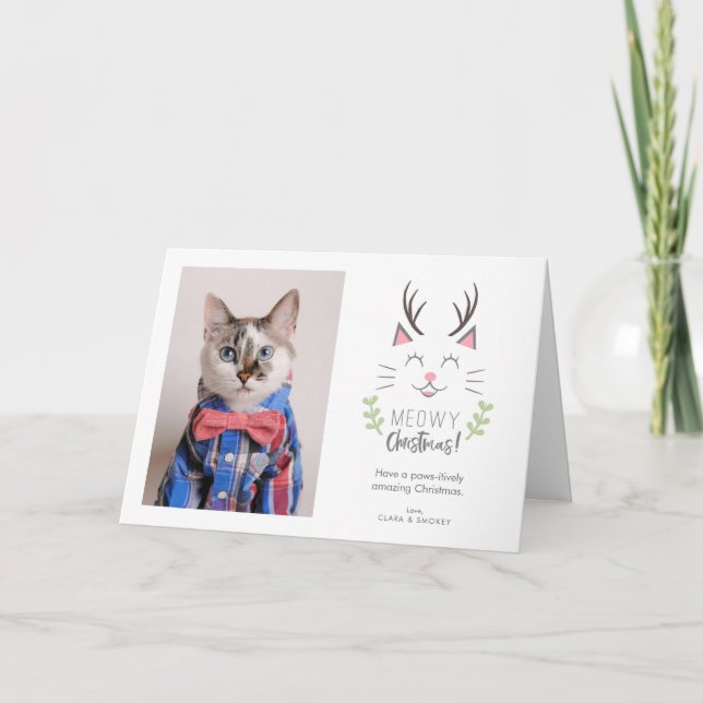 Carte Meowny Christmas mignon chat avec Antlers Xmas Pho (Devant)