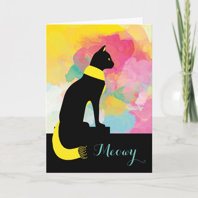 Carte Meowy Chat noir en Écharpe jaune dire Bonjour (Devant)