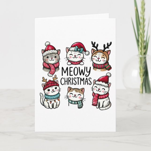 Carte Meowy Christmas Cute Cats Vacances Blank Plié (Devant)