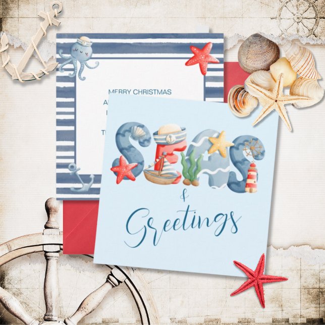 Carte Mer et salutations Nautique Aquarelle Noël (Créateur téléchargé)