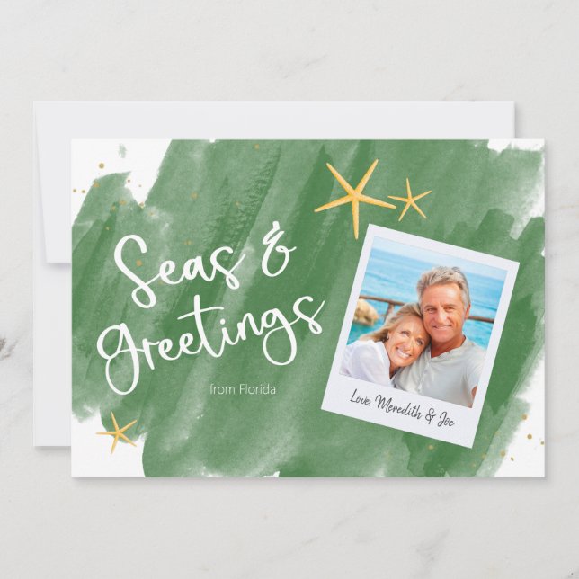 Carte Mer & Salutations Vert & Or Aquarelle Vacances (Devant)
