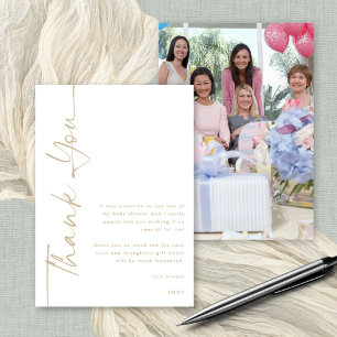 Carte Merci Baby shower photo en or pivoté Script
