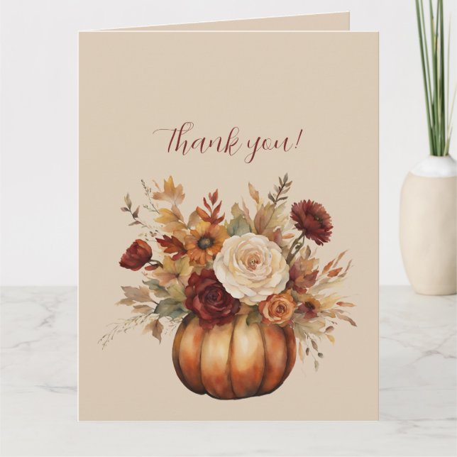 Carte Merci - Citrouille d'aquarelle et fleurs (Devant)