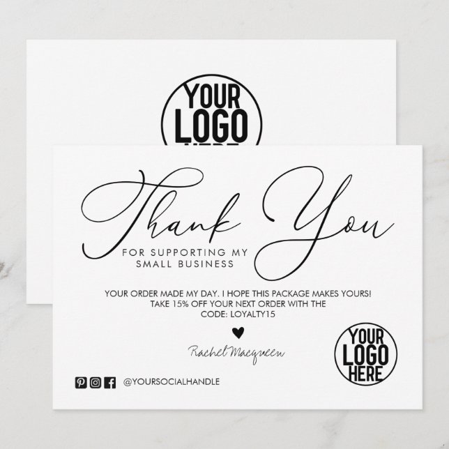 Carte Merci client de script noir blanc minimal (Devant / Derrière)