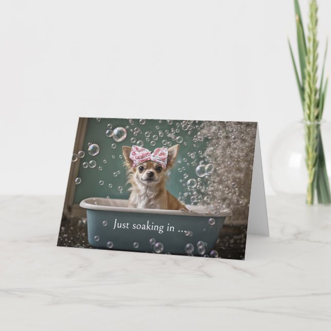 Carte Merci Cute Chihuahua Puppy dans un bain de bulles (Devant)