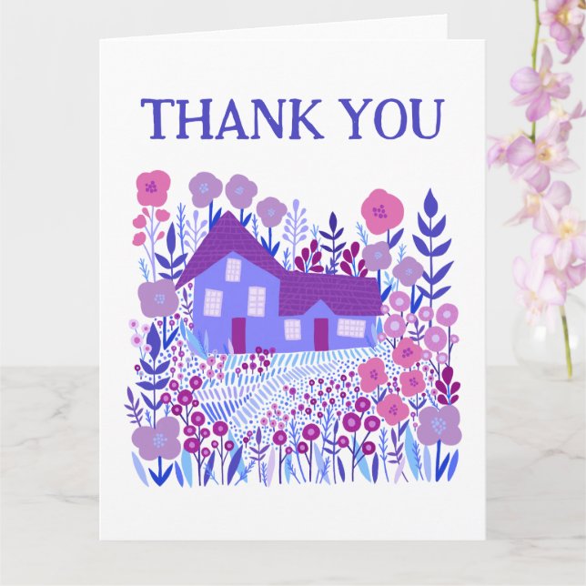 Carte MERCI Cute Ferme Jardin Maison Violet (Orchidée)