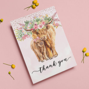 Carte Merci de Baby shower de vache rose Highland