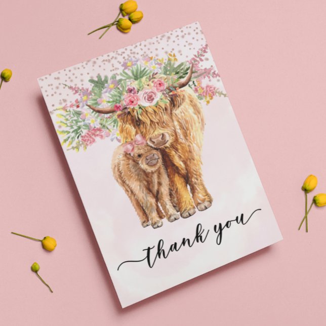 Carte Merci de Baby shower de vache rose Highland (Créateur téléchargé)