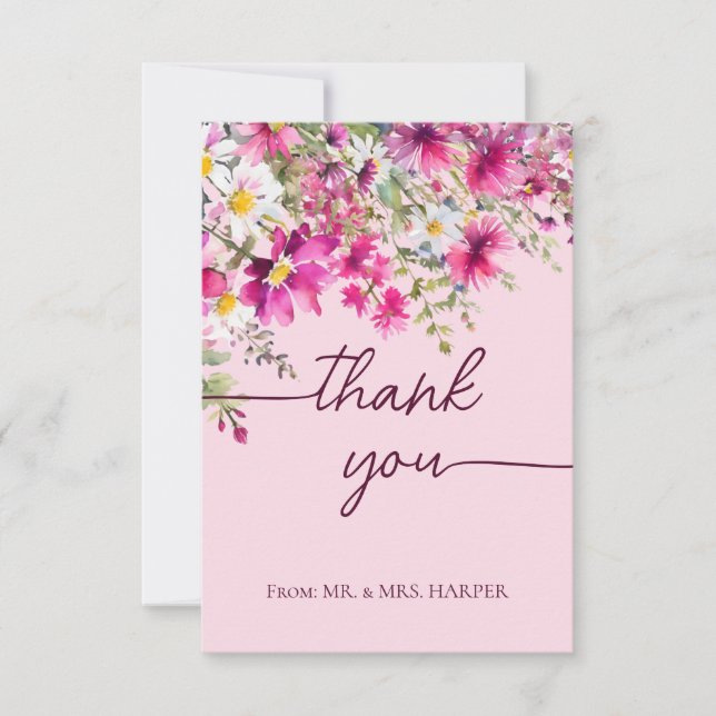 Carte Merci de calligraphie florale Fleur sauvage rose (Devant)