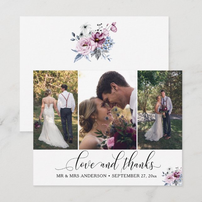 Carte Merci de calligraphie orné 3-Photo Mariage (Devant / Derrière)