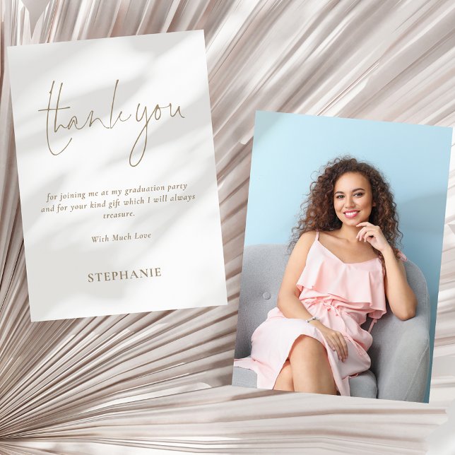 Carte Merci de graduation de la photo de script d'or inf (Front and back view - add your photo on the back!)