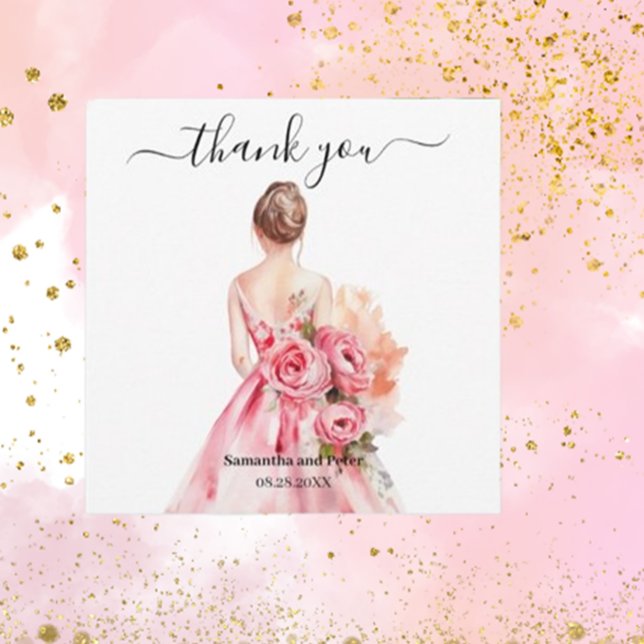 Carte Merci de Mariage aquarelle (Express your gratitude with Brett Designs' beautiful watercolor wedding gown gold thank you cards. )