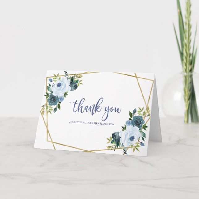 Carte Merci d'Fête de l'mariée d'aquarelle bleu-bleu-or (Devant)