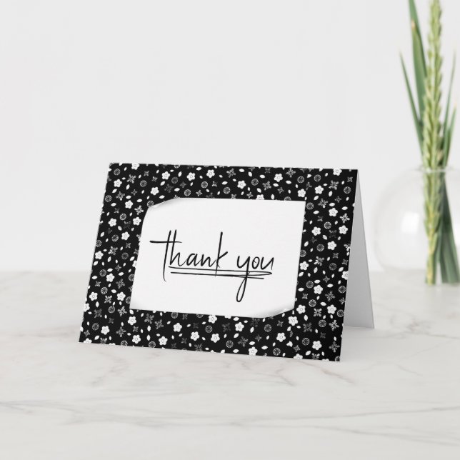 Carte Merci d'impression florale noir et blanc (Devant)