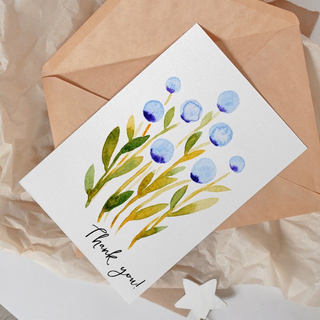 Carte Merci fleurs d'aquarelle bleue minimale (Créateur téléchargé)