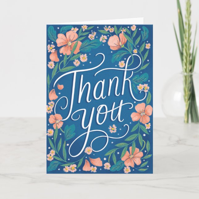 Carte Merci floral bleu à la main (Devant)