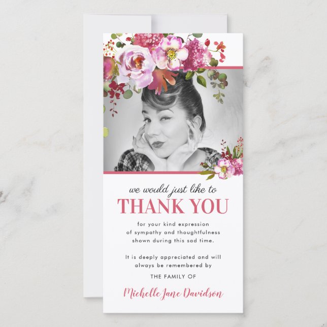 Carte Merci funéraire rose floral (Devant)