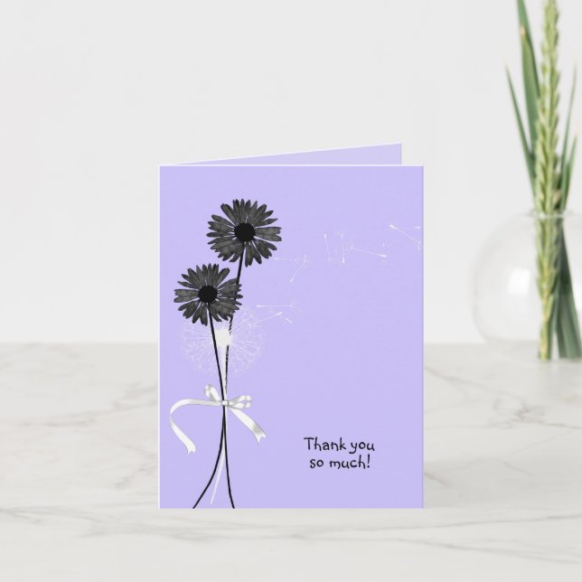 Carte merci marguerites noires et pissenlit sur violet (Devant)