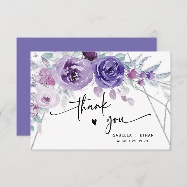Carte Merci Mariage argenté et violet (Devant / Derrière)
