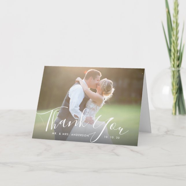 Carte Merci Mariage photo à la main Chic Script (Devant)