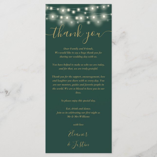 Carte Merci mariage Vert Et Gold Place (Devant)