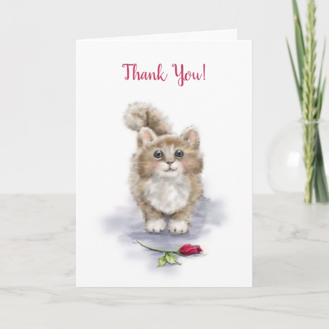 Carte Merci, mignon chat assis avec une rose rouge (Devant)