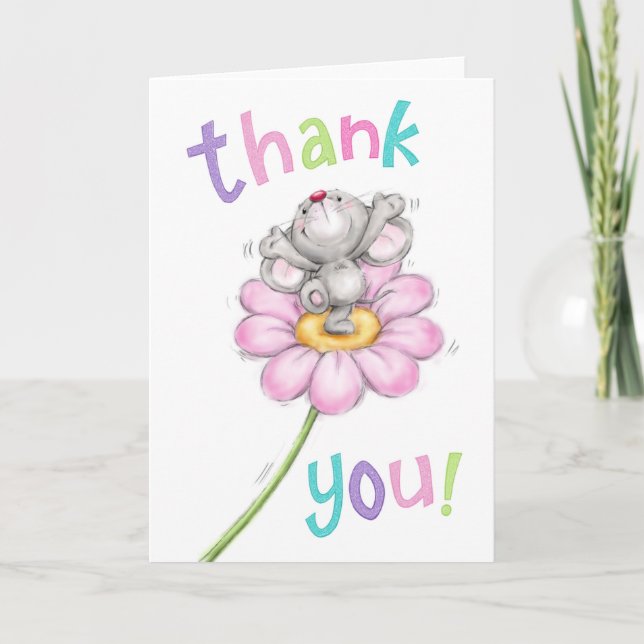 Carte Merci, mignonne souris avec joie sur la fleur (Devant)