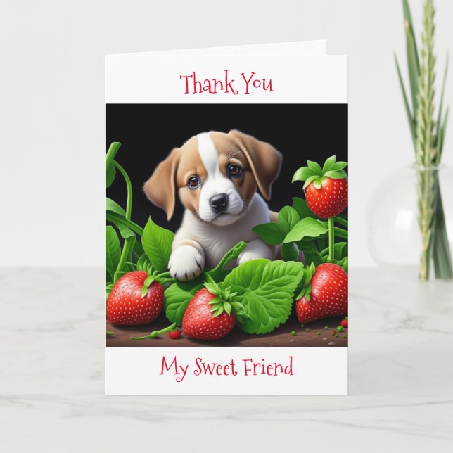 Carte Merci, mon ami | Chiot dans les fraises (Devant)