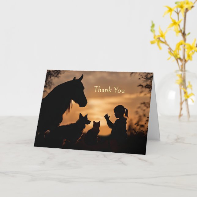 Carte Merci Pet Sitter mignonne avec Cheval Chien Fille  (Fleur jaune)