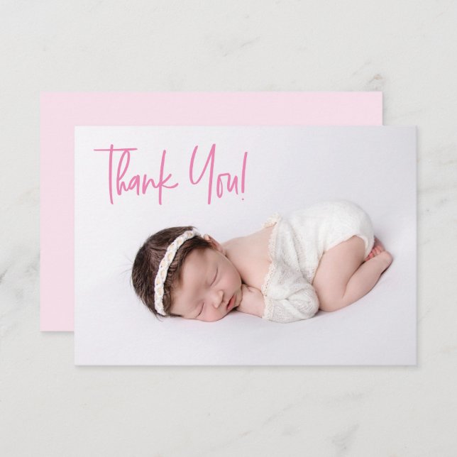 Carte Merci rose Script bébé fille baby shower photo (Devant / Derrière)