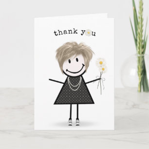 Carte Merci Stick Figure Girl avec marguerites
