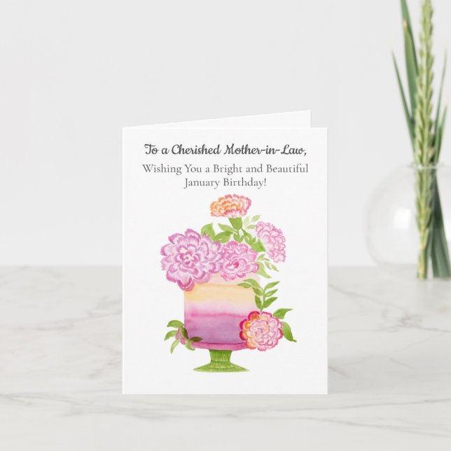 Carte Mère en droit Oeillets Janvier Anniversaire Gâteau (Devant)