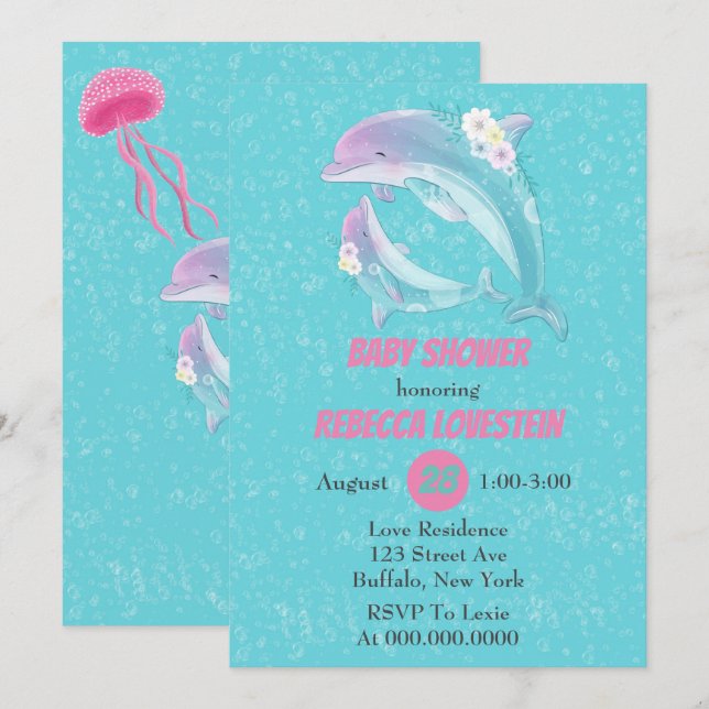 Carte Mère et bébé Dolphins Baby shower fille (Devant / Derrière)